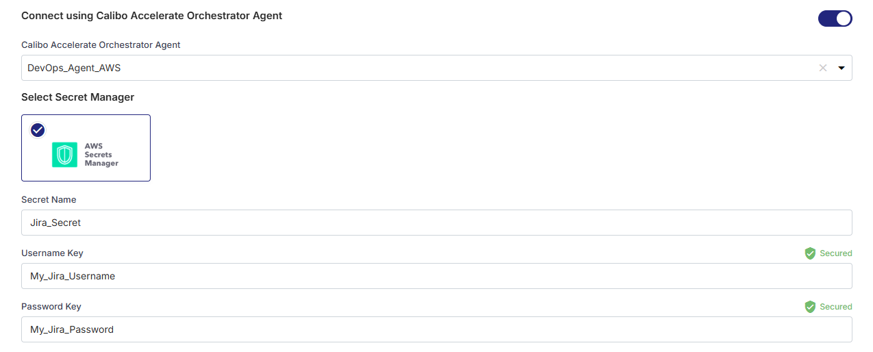 Enter Secret Name and Secret Key for Jira credentials stored in AWS Secrets Manager