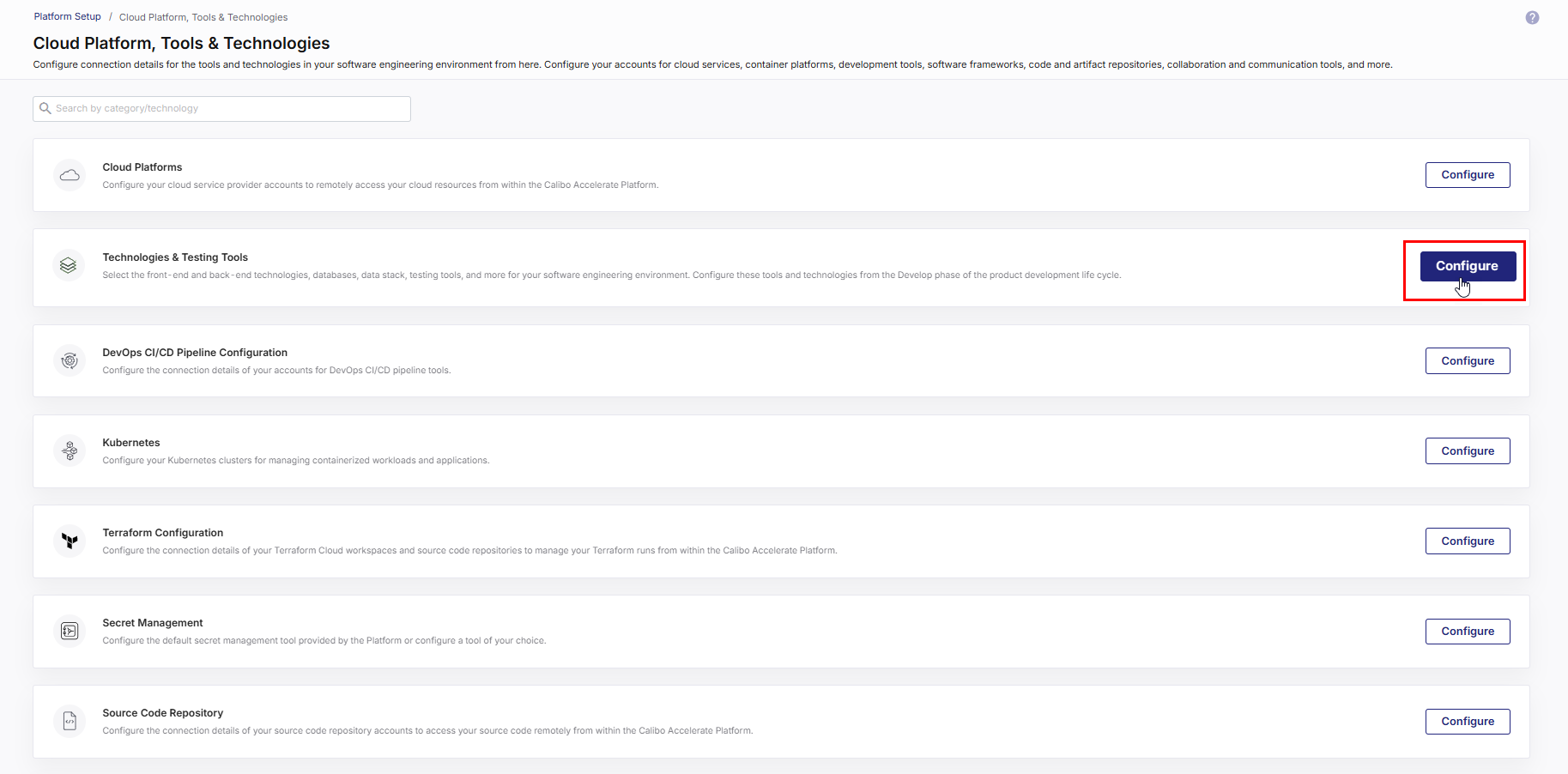 Configure technologies and testing tools