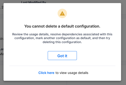 Deleting a defulat configuration is not allowed