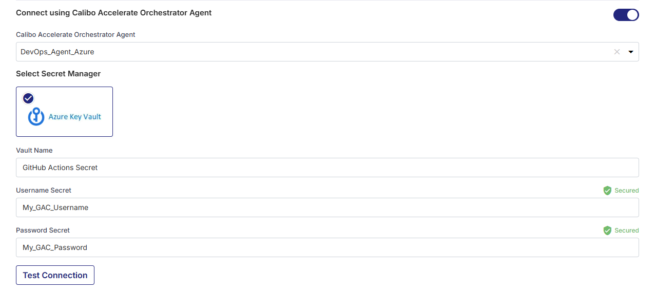 Enter details of secrets for GitHub credentials stored in Azure Key Vault