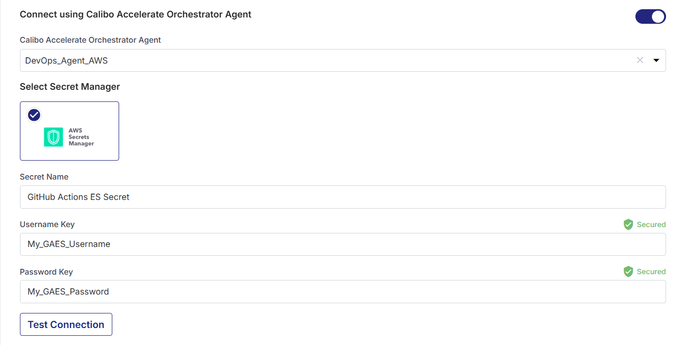 Enter details of secrets for GitHub credentials stored in AWS Secrets Manager