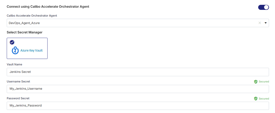 Enter details of secrets forJenkins credentials stored in Azure Key Vault