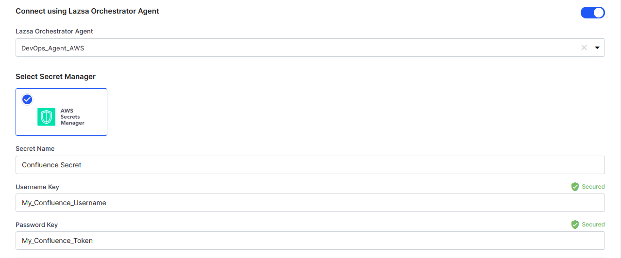 Enter secret name, username key, and token key for Confluence credentials stored in AWS Secrets Manager