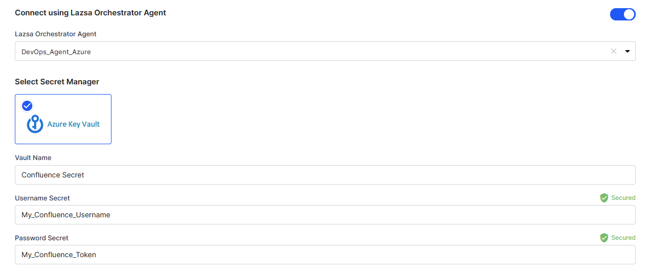 Enter vault name, username secret, and token secret for Confluence credentials stored in Azure Key Vault