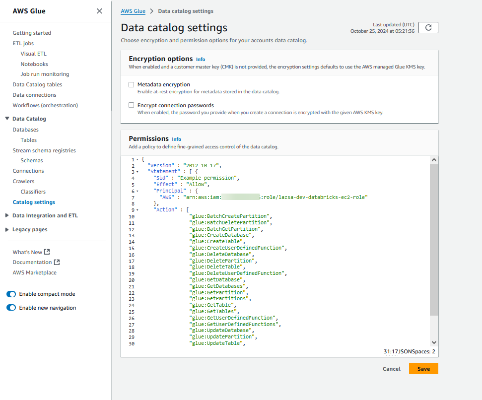 Attach a resource policy to Glue Data Catalog 