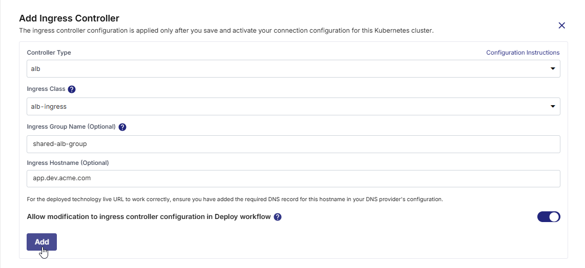 A side drawer showing an NGINX type of ingress controller configured