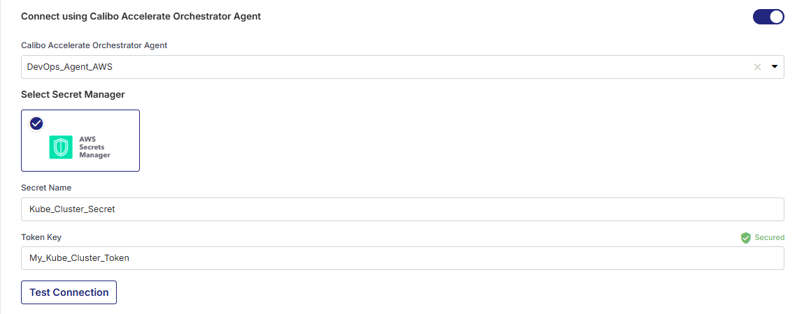 Enter Secret Name and Secret Key for Kubernetes cluster token stored in AWS Secrets Manager