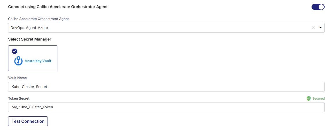 Enter Secret Name and Secret Key for Kubernetes cluster token stored in Azure Key Vault