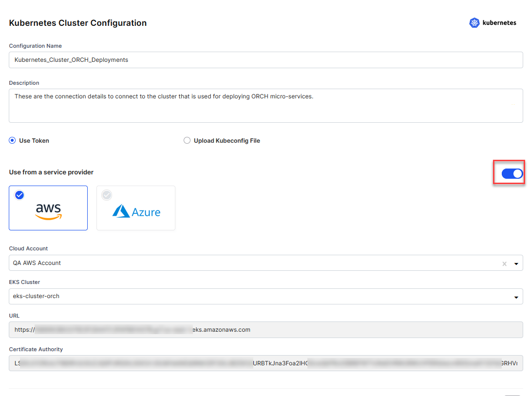 Kubernetes cluster connection details autopopulated from configured cloud account