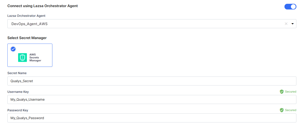 Enter Secret Name, Username Key, and Password Key for SonarQube credentials stored in AWS Secrets Manager