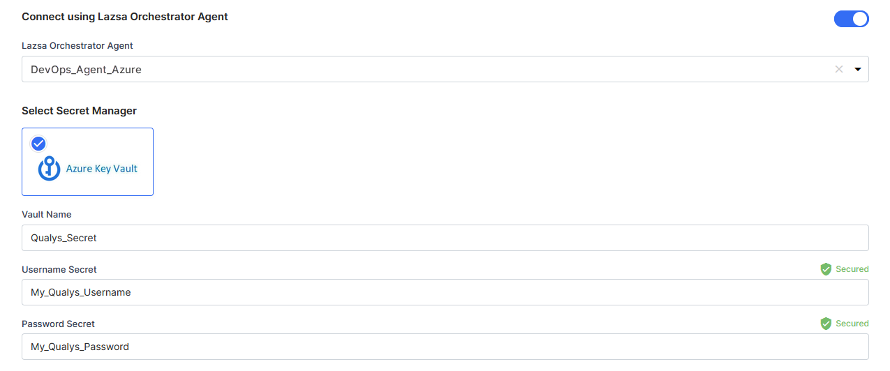 Enter Secret Name, Username Key, and Password Key for SonarQube credentials stored in Azure Key Vault