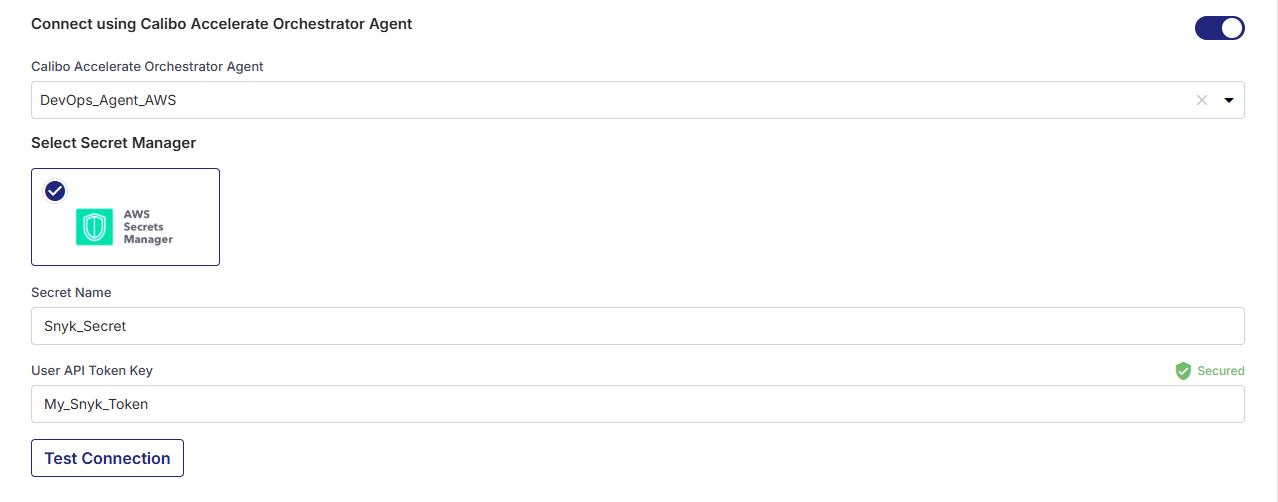 Enter Secret Name and User API Token Key for Snyk stored in AWS Secrets Manager