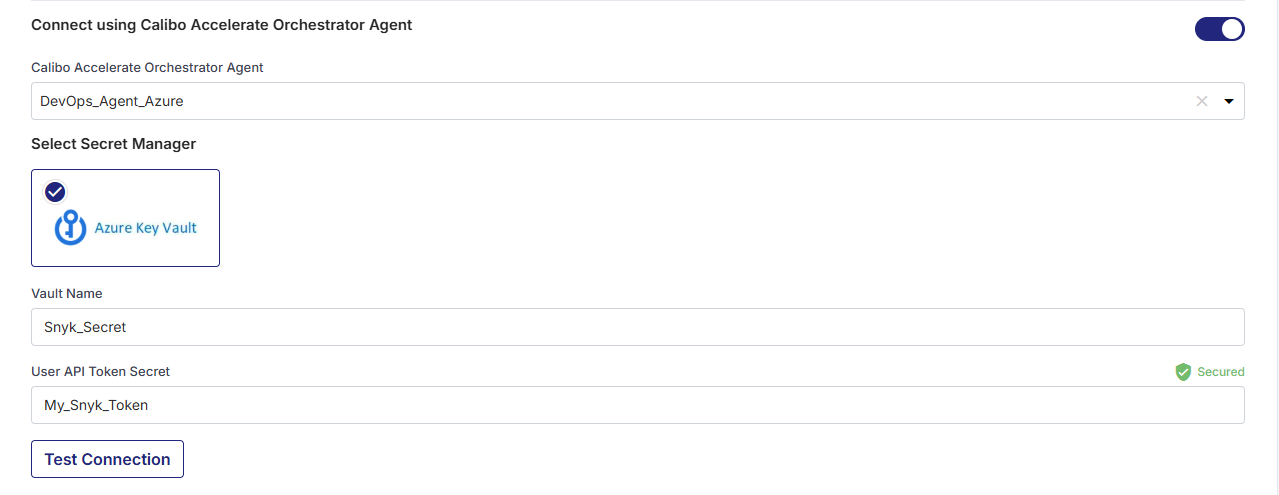 Enter Vault Name and User API Token Secret for Snyk stored in Azure Key Vault