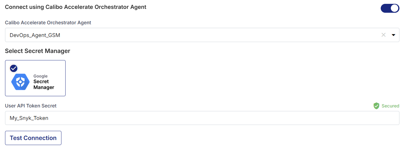 Enter User API Token Secret for Snyk stored in Google secret manager