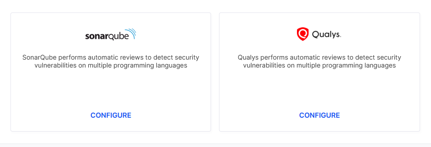 Click CONFIURE to add connection details of SonarQube and Qualys