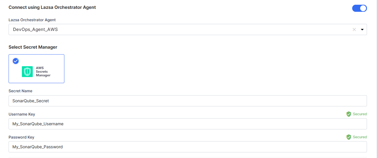 Enter Secret Name, Username Key, and Password Key for SonarQube credentials stored in AWS Secrets Manager