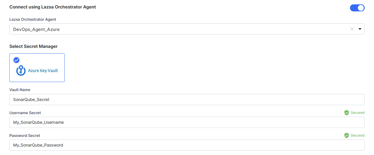 Enter Secret Name, Username Key, and Password Key for SonarQube credentials stored in Azure Key Vault