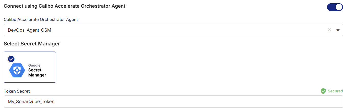 Enter Token Secret for SonarQube credentials stored in Google secret manager