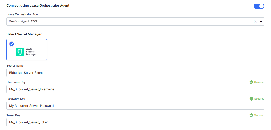 Enter details of secrets for Bitbucket Server credentials stored in AWS Secrets Manager