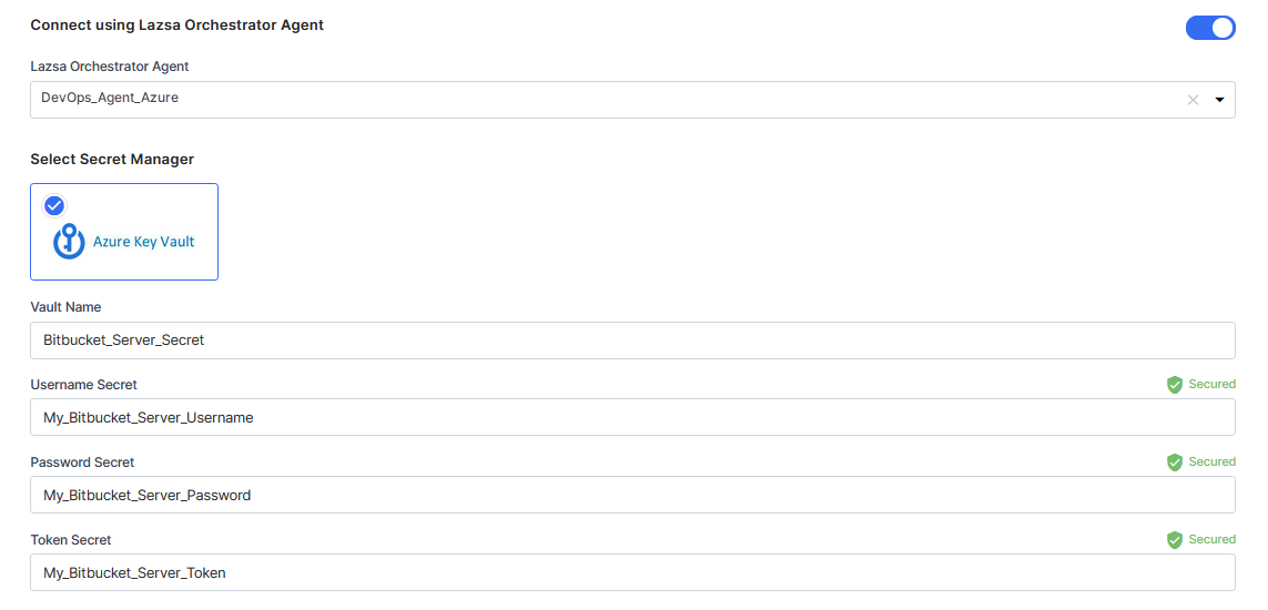 Enter details of secrets for Bitbucket Server credentials stored in Azure Key Vault