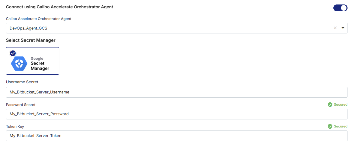 Enter details of secrets for Bitbucket Server credentials stored in Google secret manager