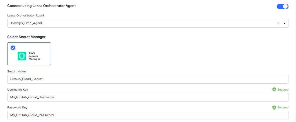 GitHub Cloud secrets to be retrieved by Lazsa Orchestrator Agent