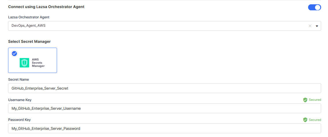 Enter details of secrets for GitHub Enterprise Server credentials stored in AWS Secrets Manager