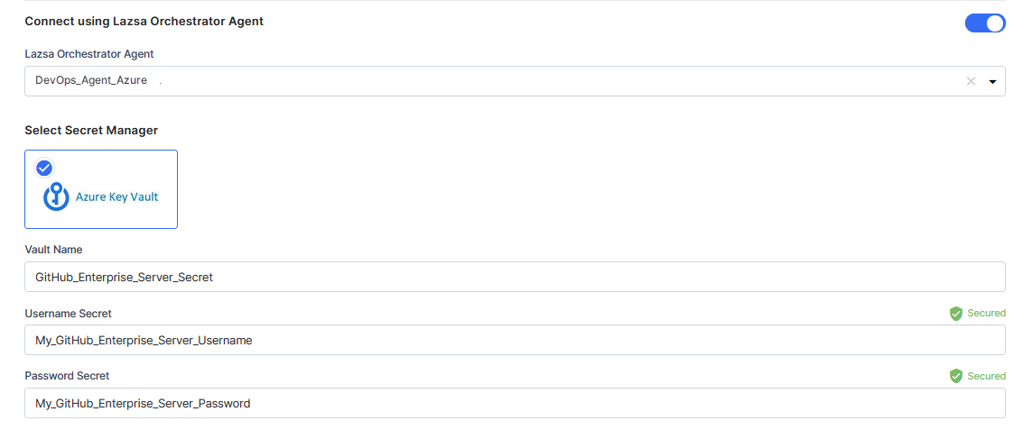 Enter details of secrets for GitHub Enterprise Server credentials stored in Azure Key Vault
