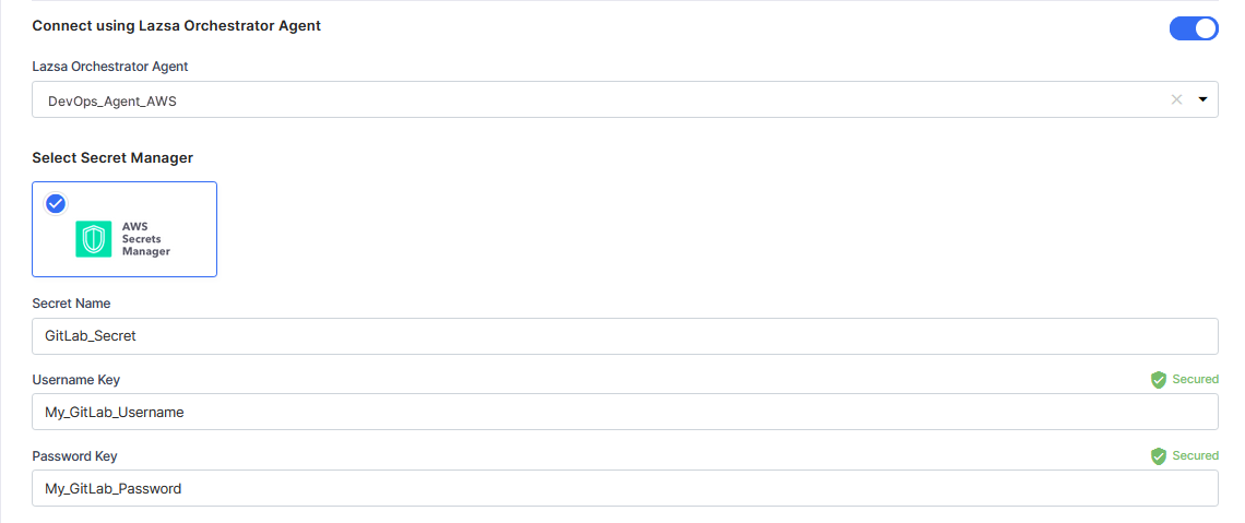 Enter details of secrets for GitLab credentials stored in AWS Secrets Manager