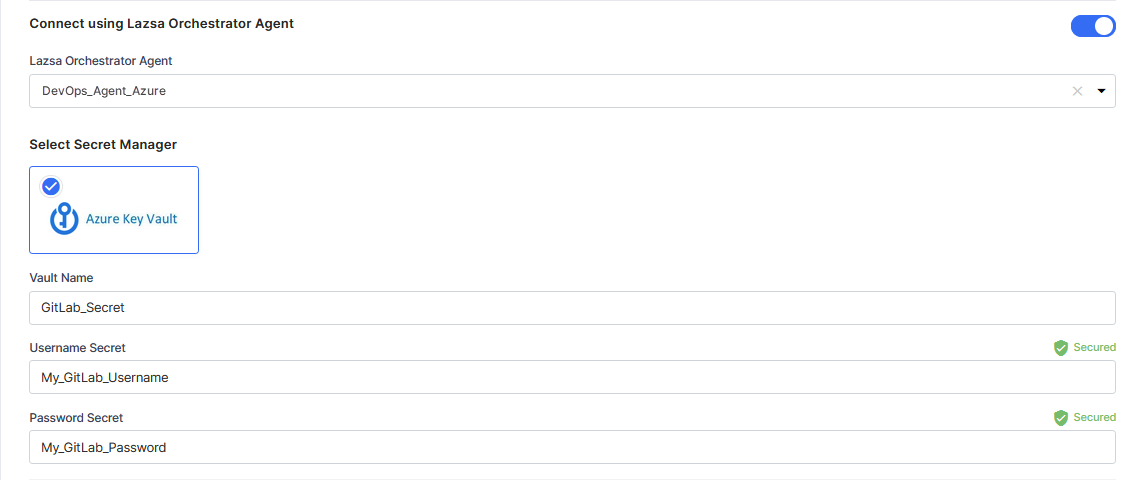Enter details of secrets for GitLab credentials stored in Azure Key Vault