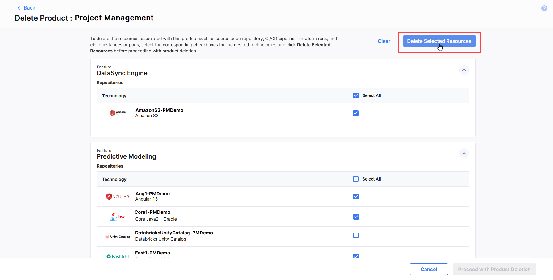 Select resources to be deleted with deletion of product