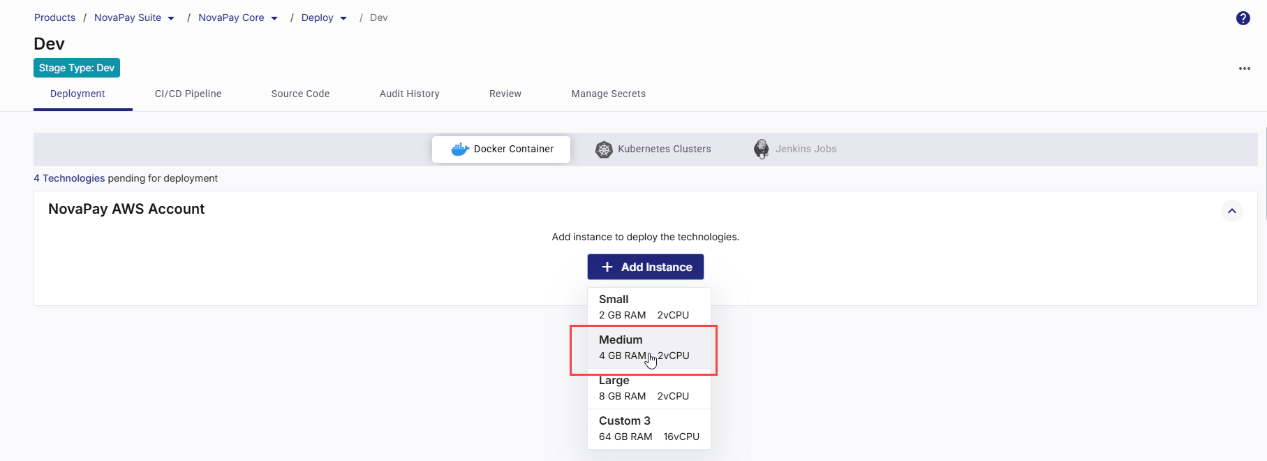 Choosing the appropriate machine configuration option for technology deployments