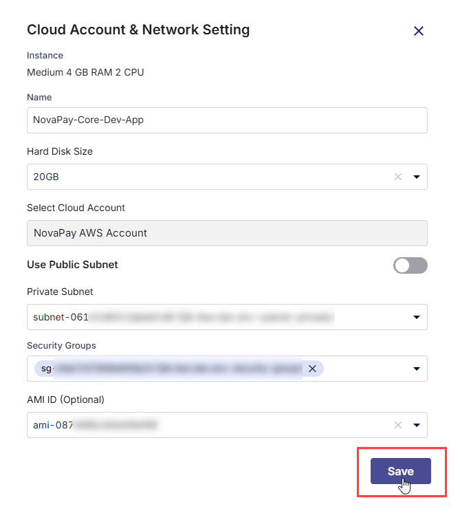 Configuring cloud account and network settings for Docker instance