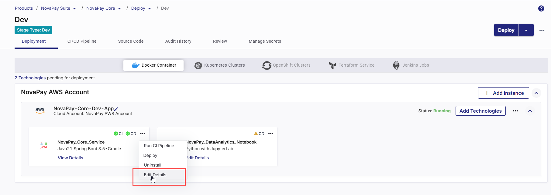 Editing technology deployment configurations