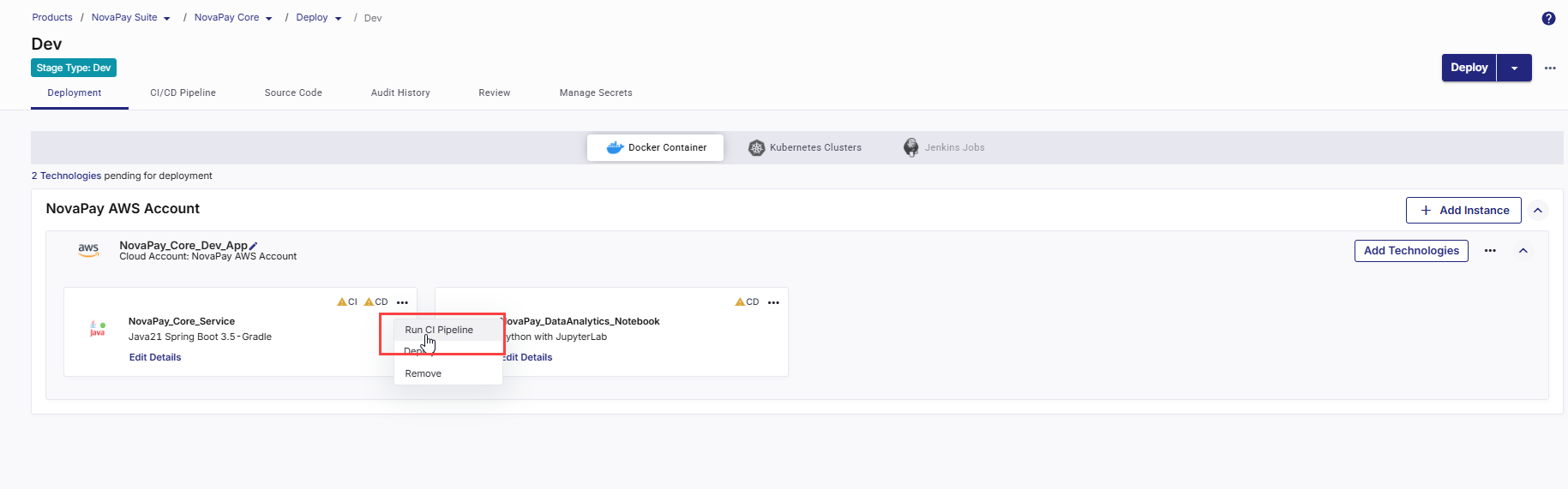 Running a CI pipeline for a technology
