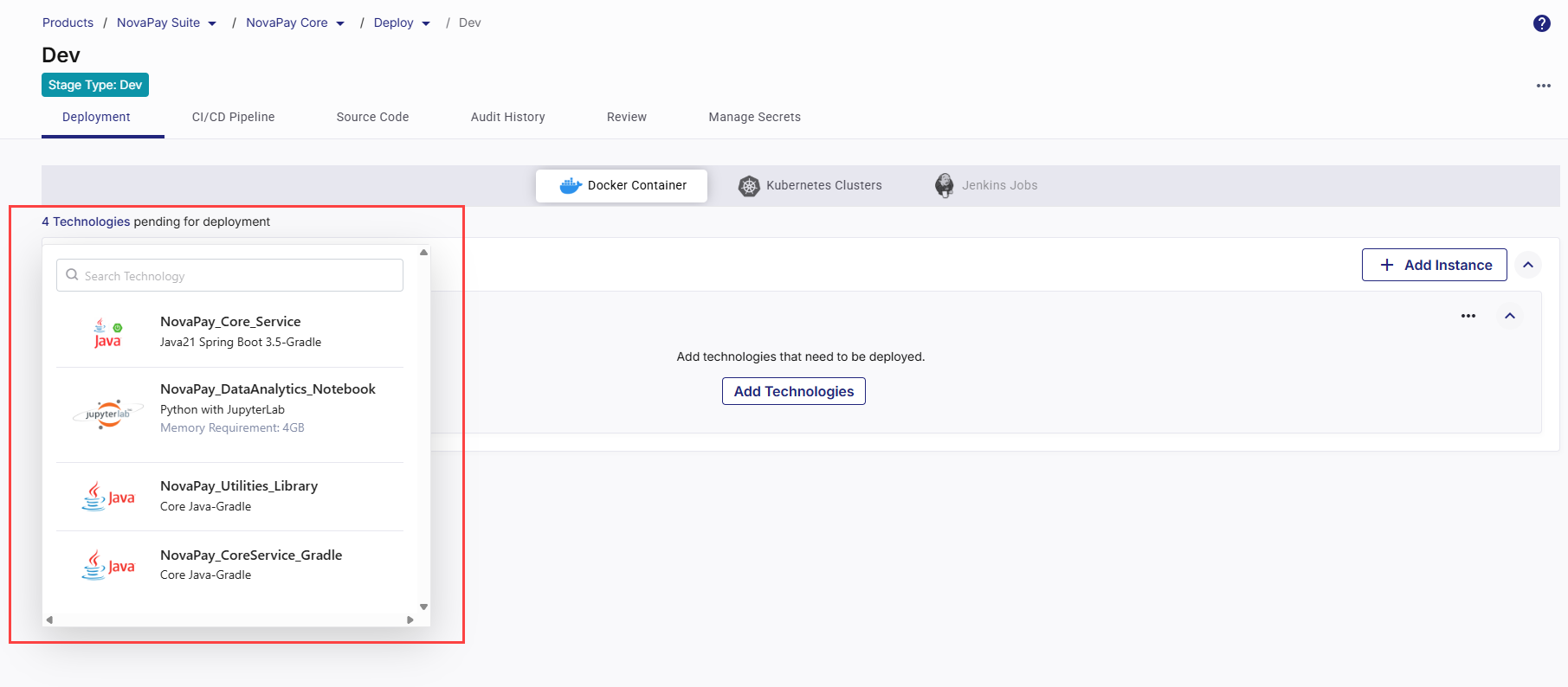 Ready-to-deploy technologies in Docker Container section