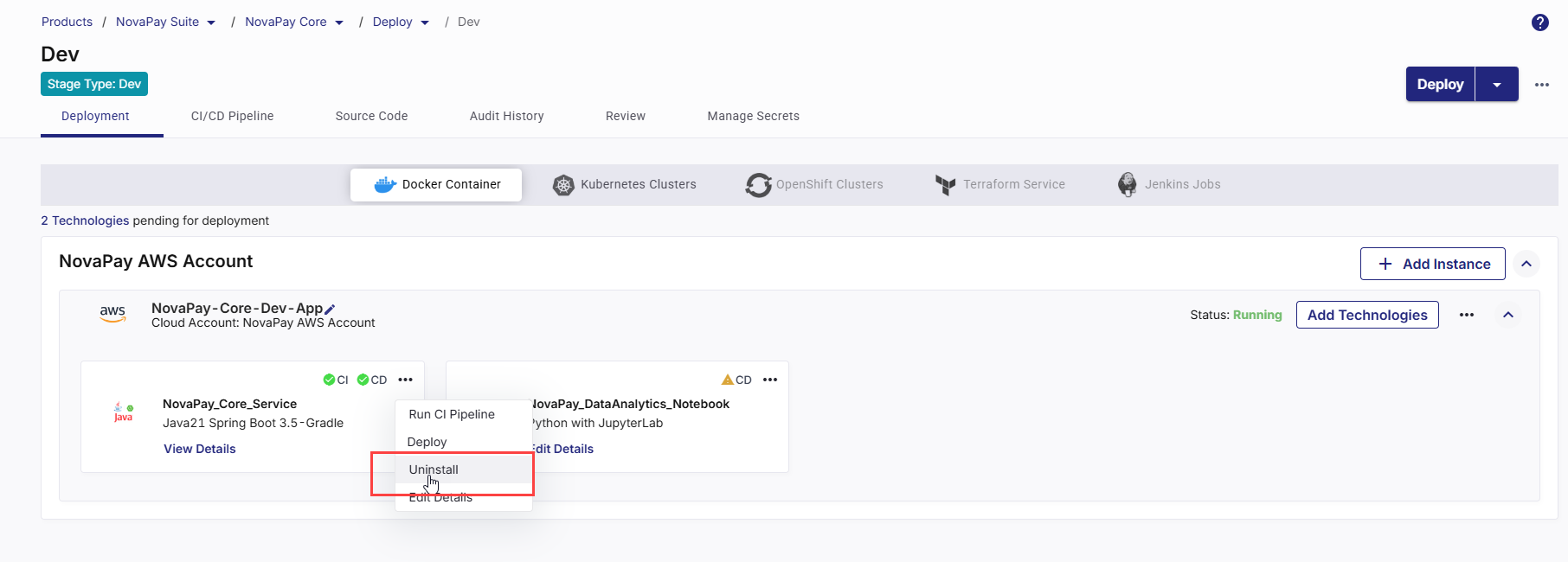 Uninstalling a technology