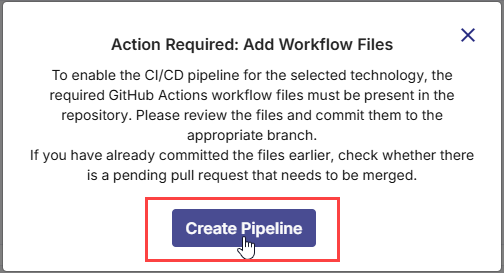 Message informing about missing workflow files required in source code repository