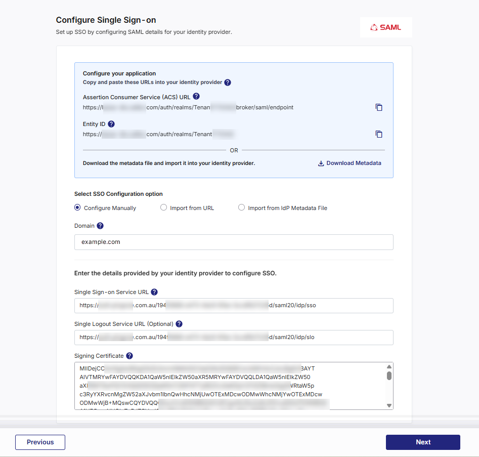 Screen showing manul configuration of SAML details