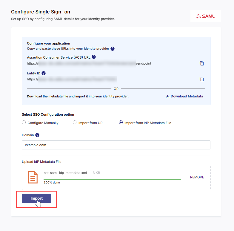 Screen showing SAML configuratioin details being imported from IdP metadata file