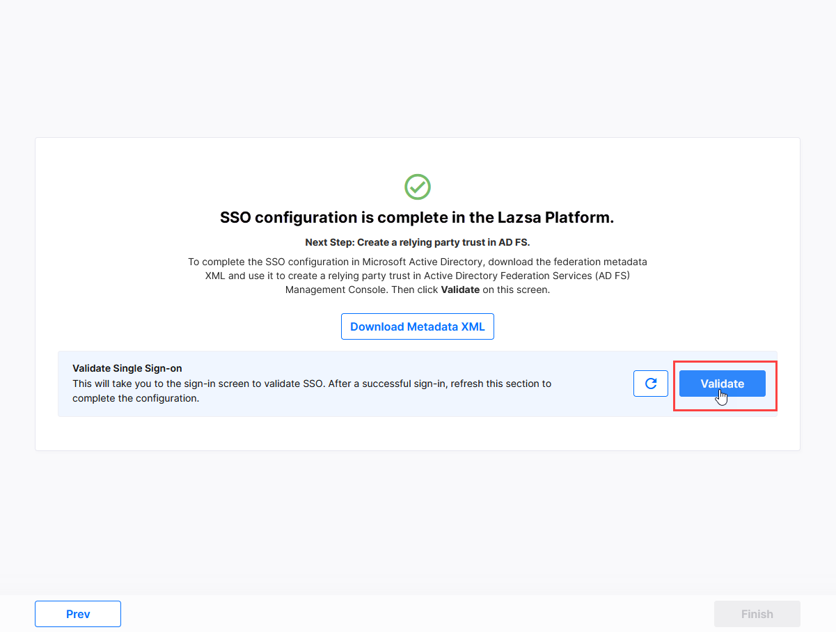 Click Validate to initiate SSO validation