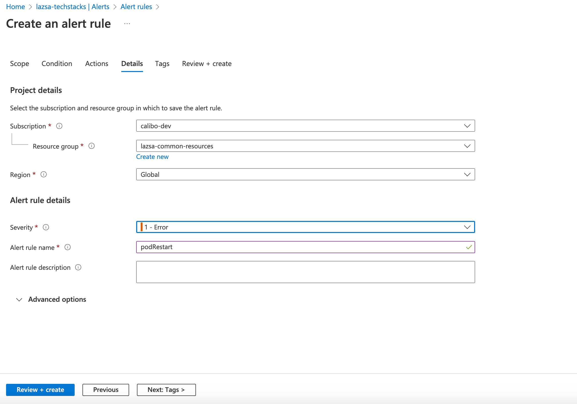 Creating alert in Azure: Specify name and severity