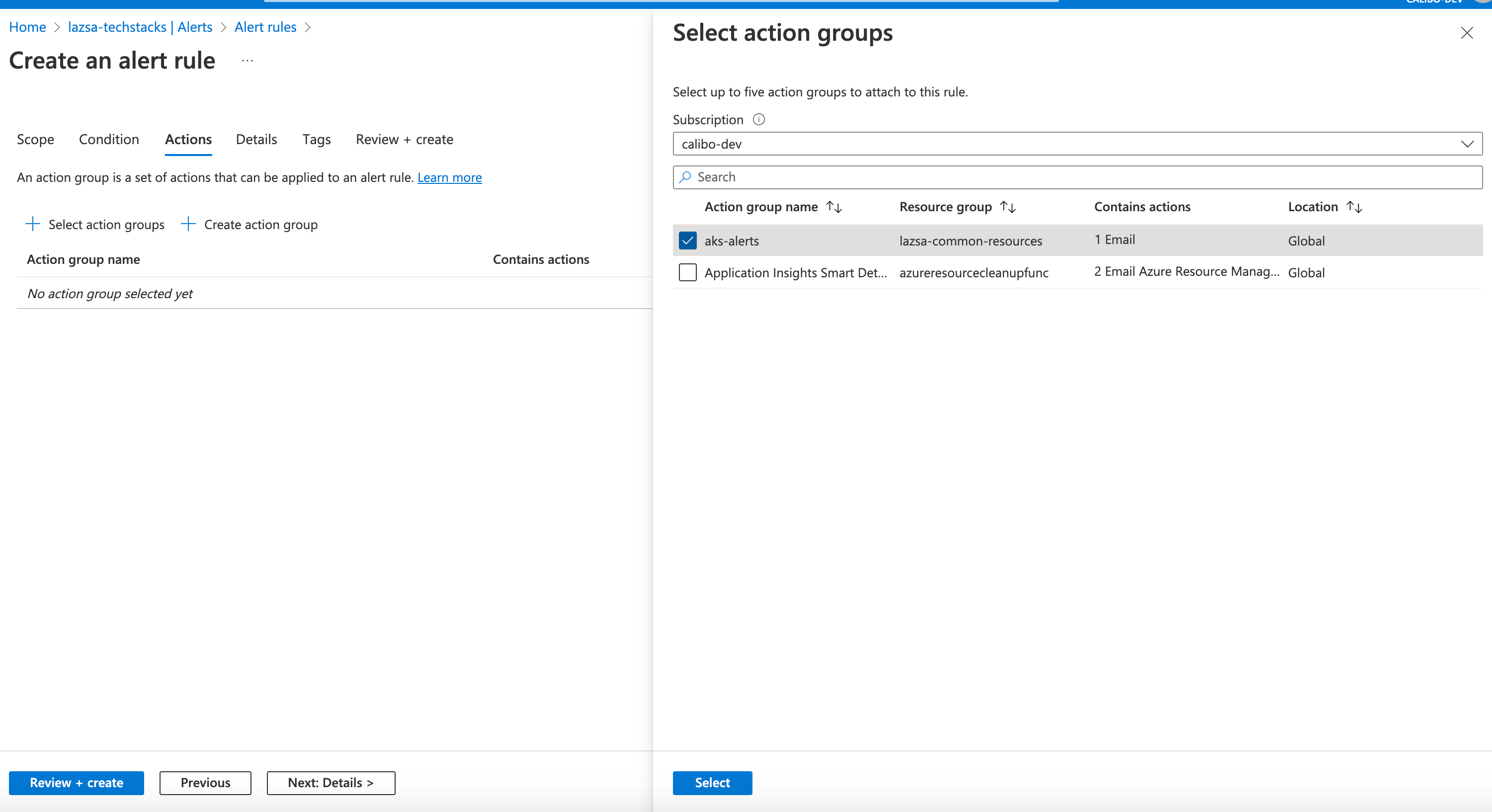 Selecting action group to create an alert