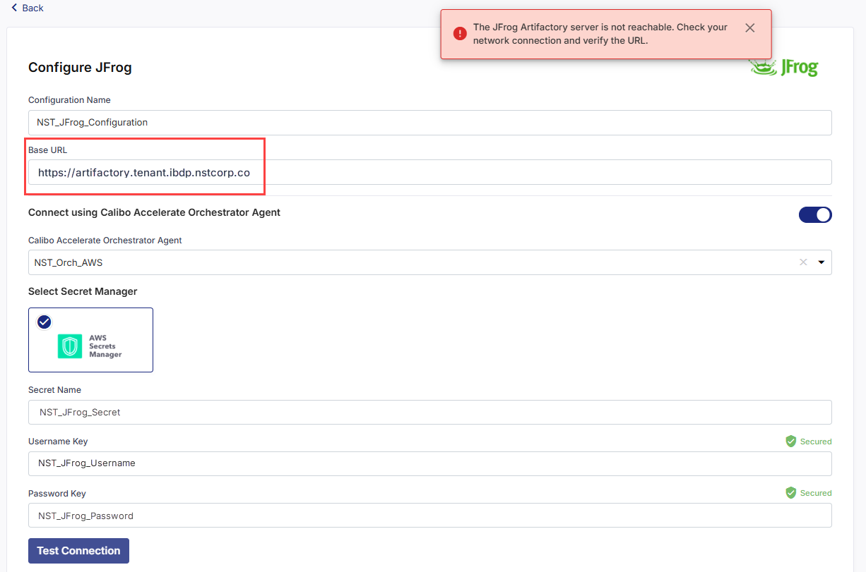Artifactory server not  reachable, possibly due to an incorrect URL configured in Calibo Accelerate