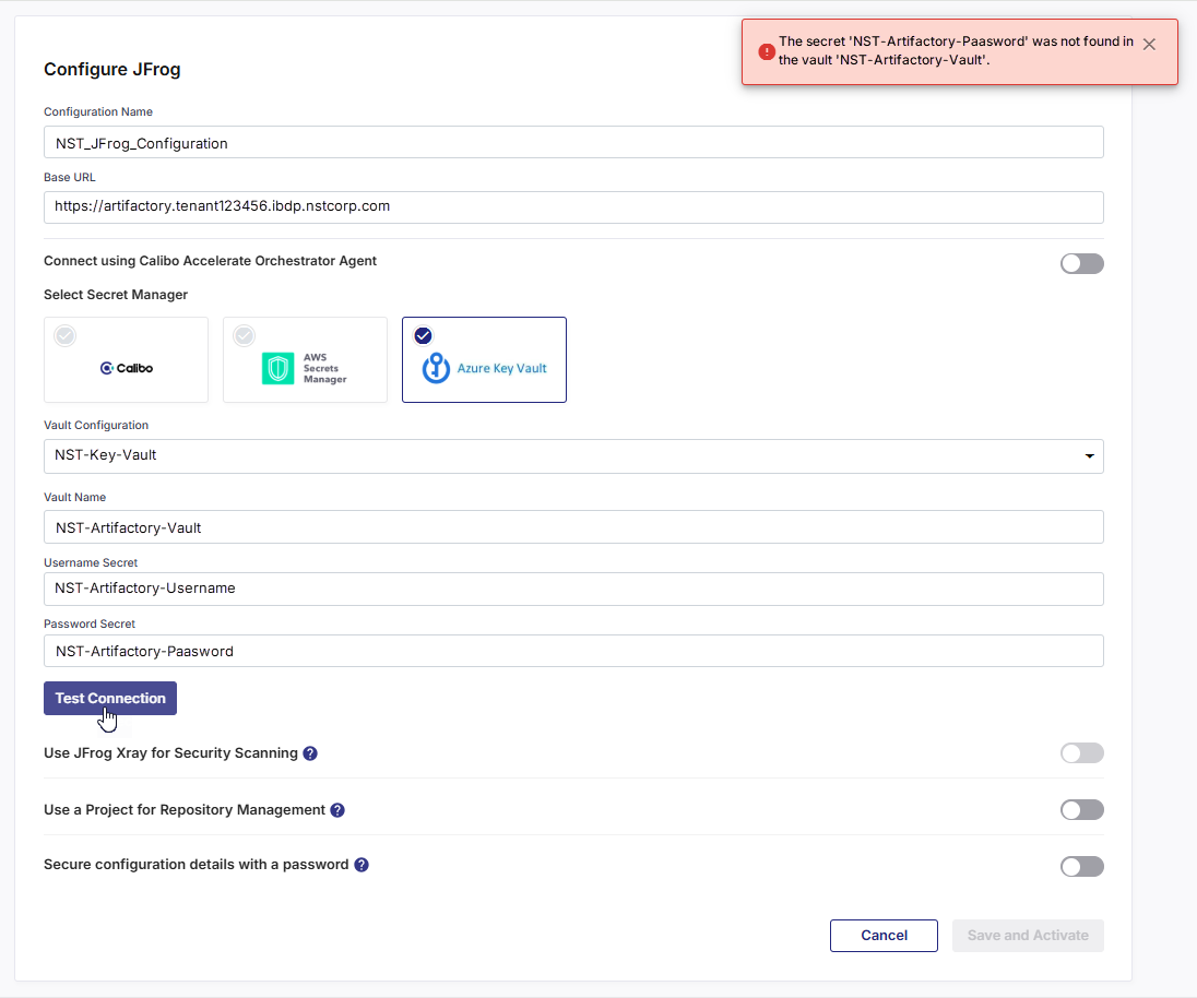 Artifactory connection configuration screen showing incorrect password secret configured