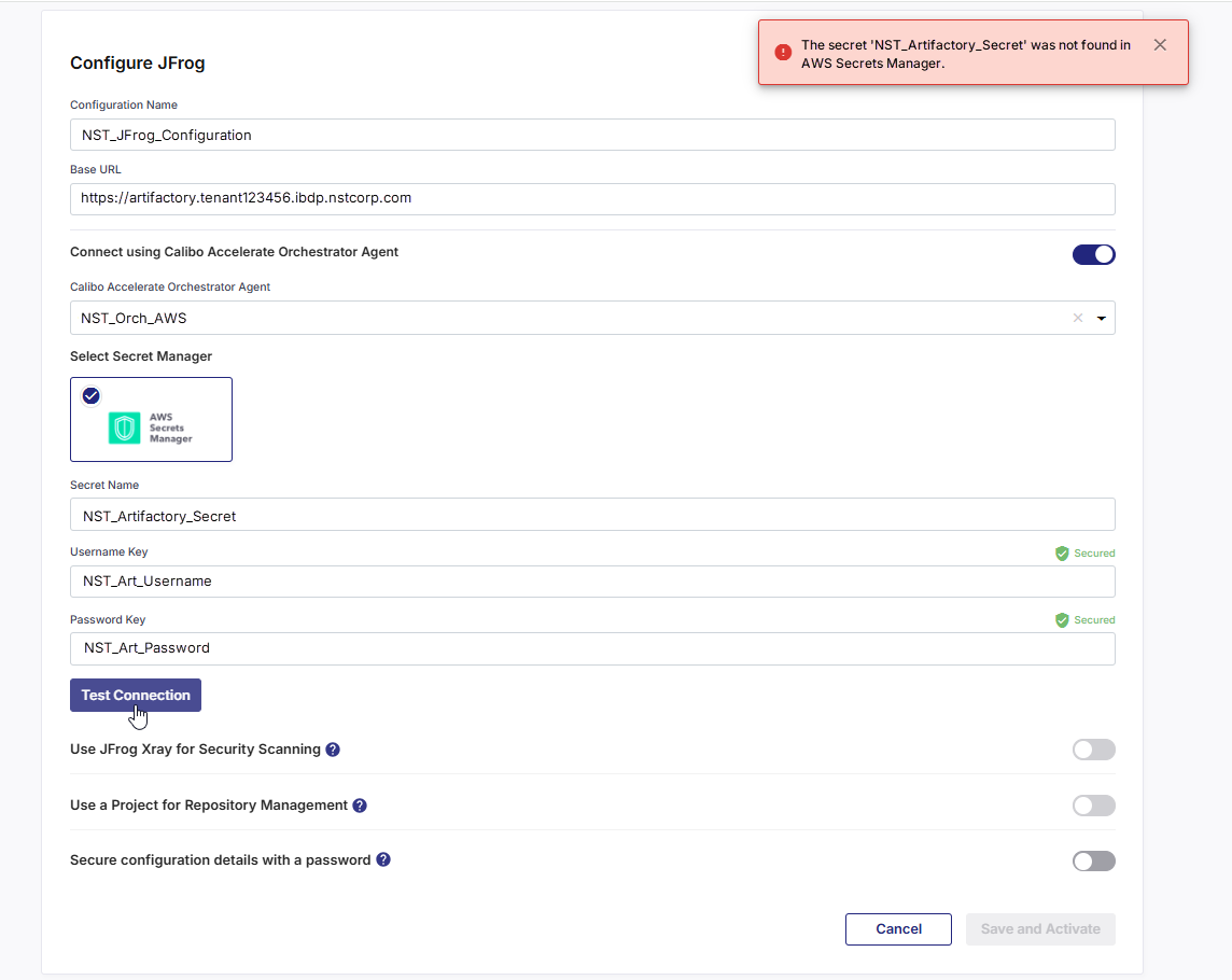 Artifactory connection configuration showing secret specified in Artifactory configuration not found in AWS Secrets Manager