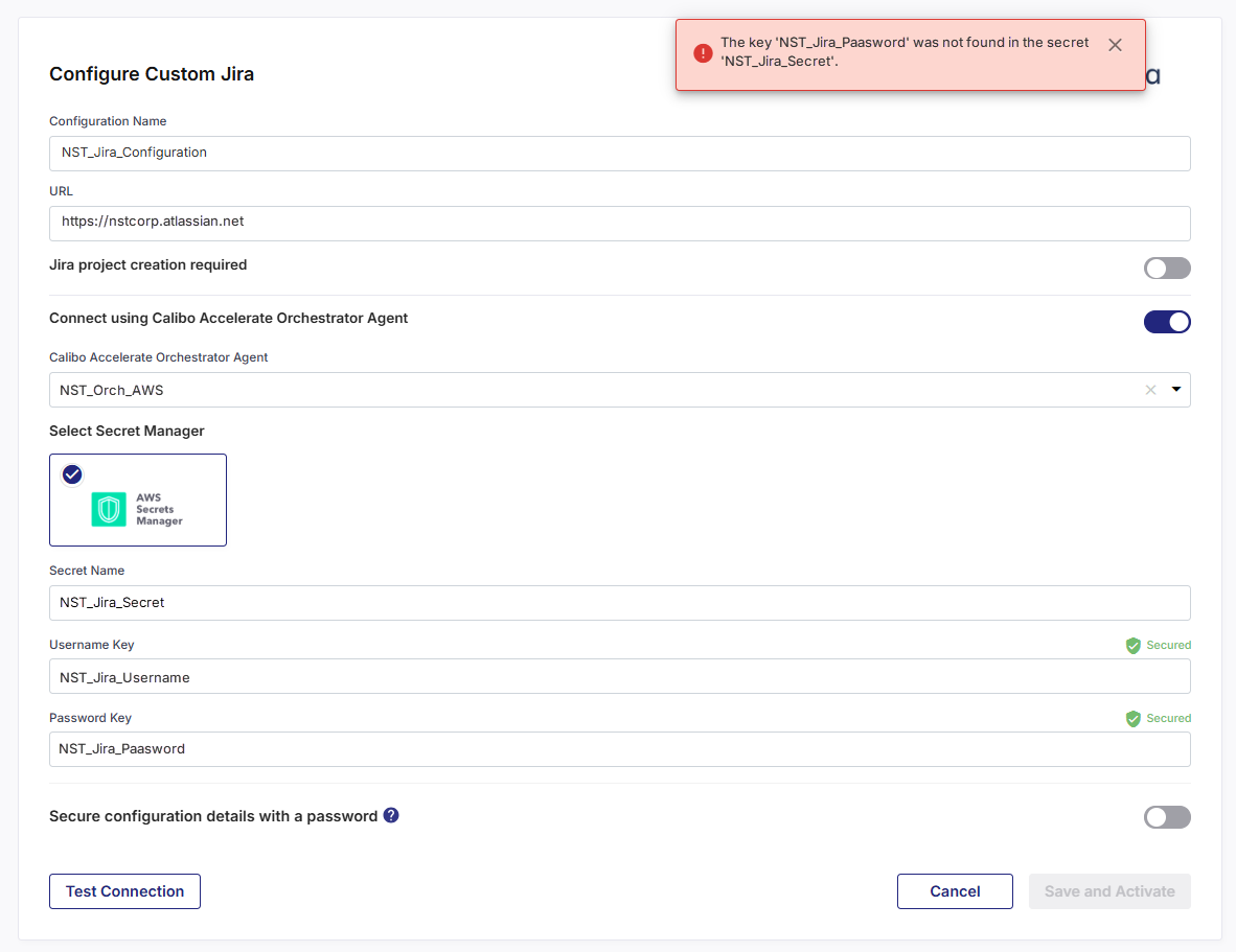 Jira connection configuration screen showing incorrect Jira password key configured
