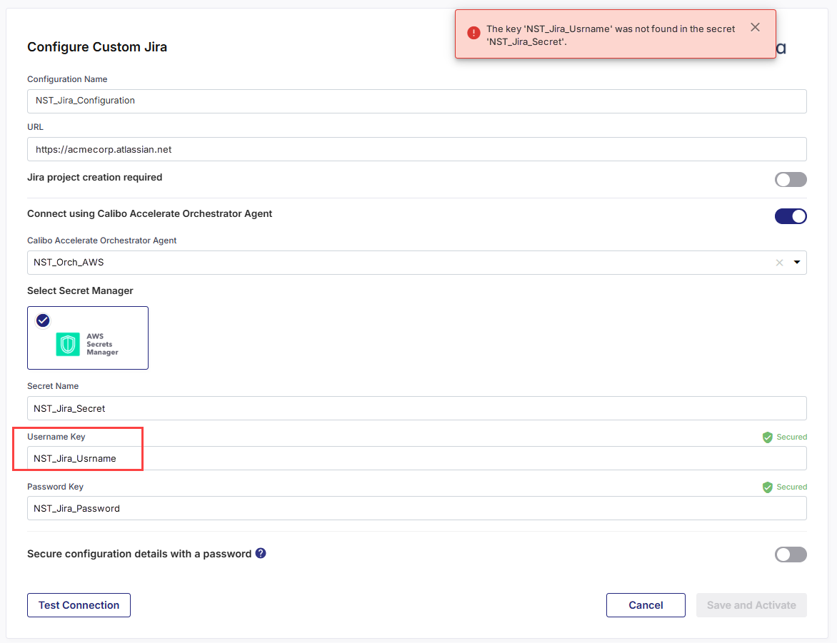Jira connection configuration screen showing incorrect Jira username key configured