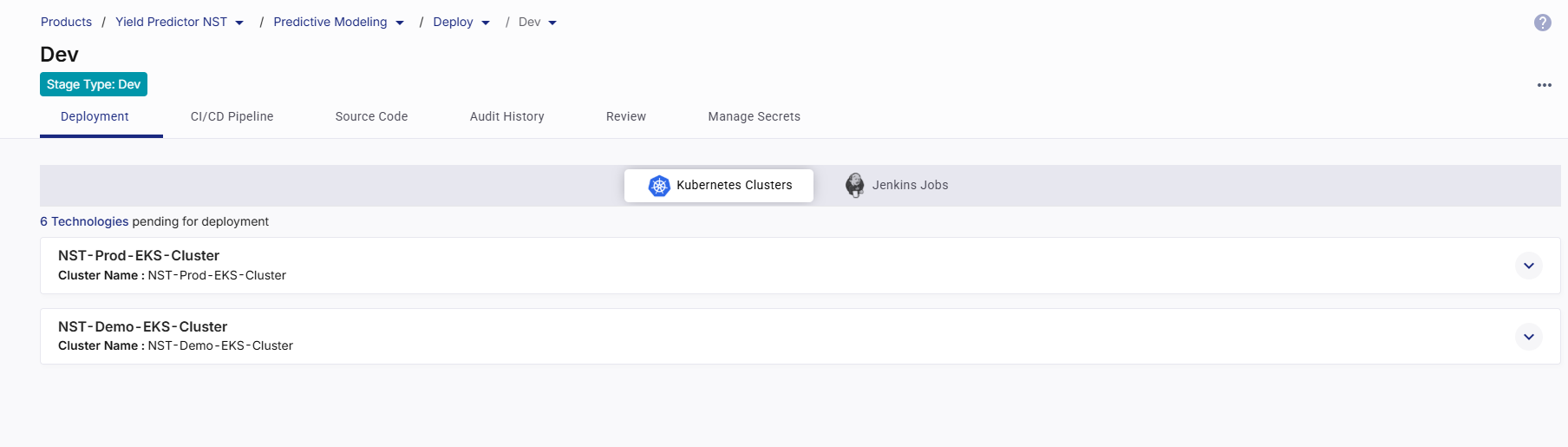 Kubernetes clusters available for technology deployment in a stage