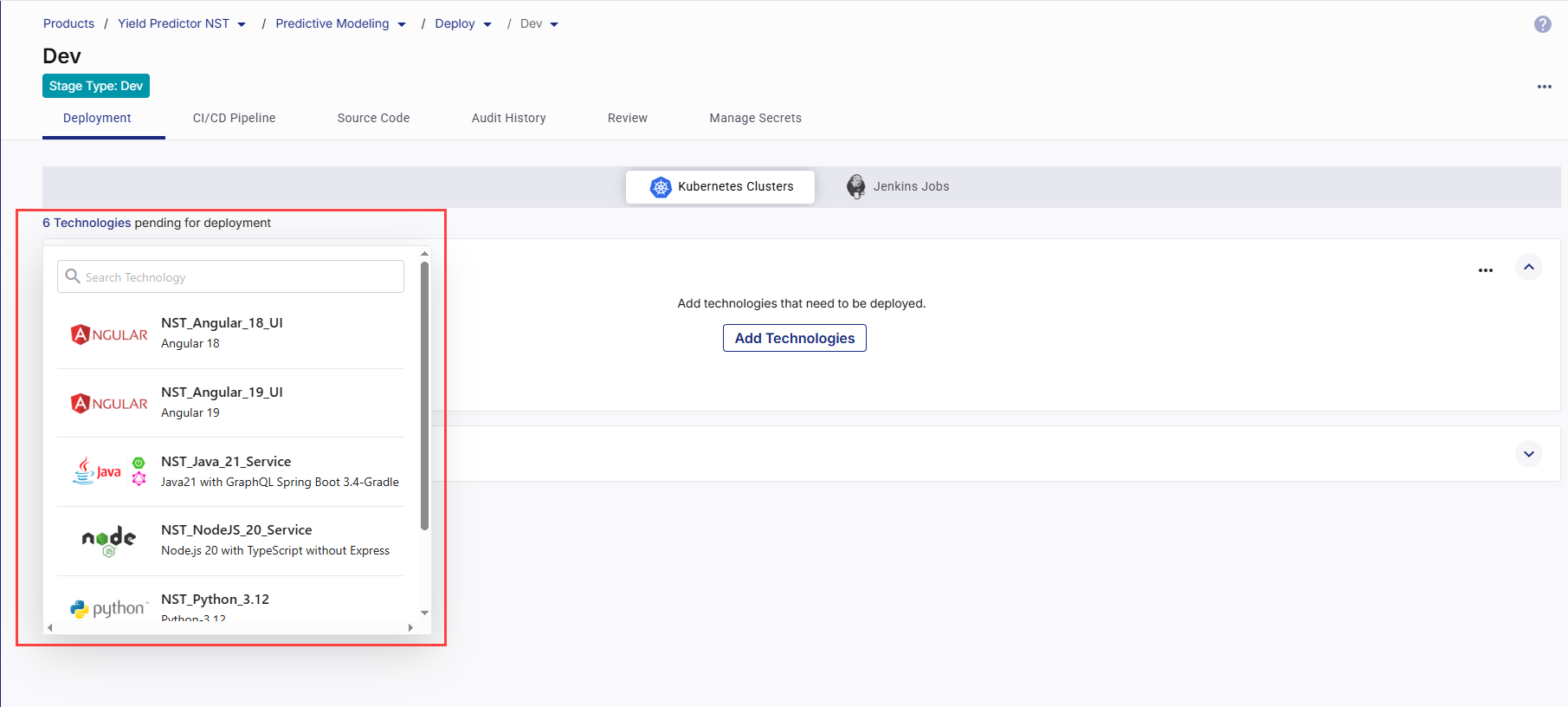 Ready-to-deploy technologies in Kubernetes Clusters section